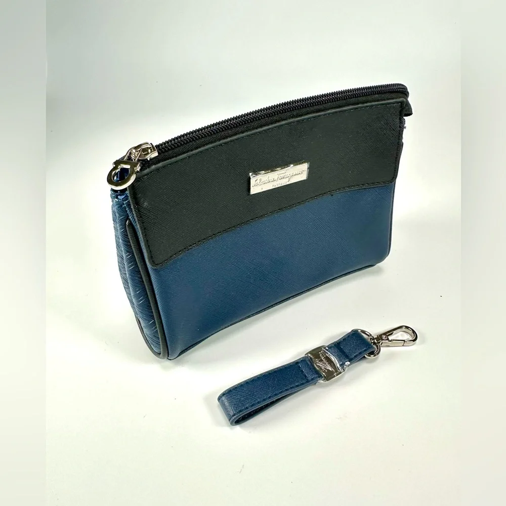 NWOT Salvatore Ferragamo Black and Blue Cosmetic,Amenity Travel Bag